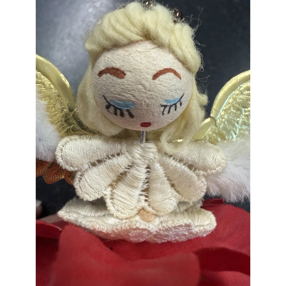 Vtg Handmade Christmas Angel Ornament Poinsettia Sequins Yarn Hair Gold Wings 6